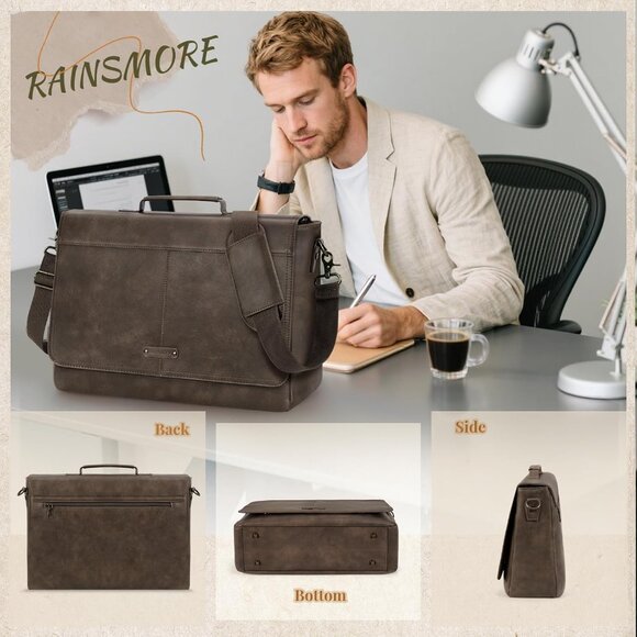 Men's Wood Pu Vintage Laptop Bag 15.6 Inch Waterproof Retro Satchel Briefcase - Picture 7 of 7